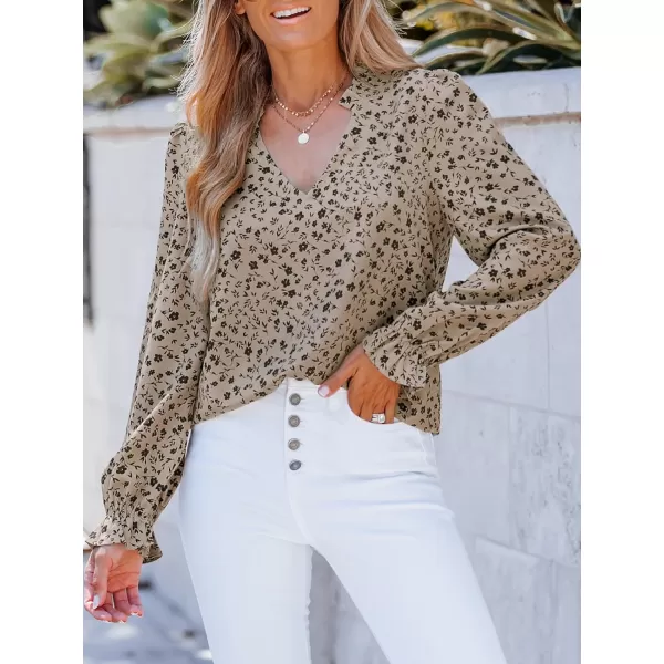 imageCUPSHE Womens V Neck Long Sleeve Ruffled Top Blouse Ditsy Floral Print Shirt TopSand