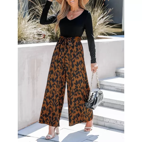 imageCUPSHE Womens V Neck Long Sleeve SelfTie Belted Long Jumpsuit Overalls Abstract Print Casual JumpsuitOrange Leopard