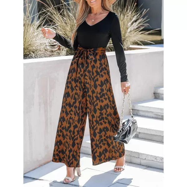 imageCUPSHE Womens V Neck Long Sleeve SelfTie Belted Long Jumpsuit Overalls Abstract Print Casual JumpsuitOrange Leopard