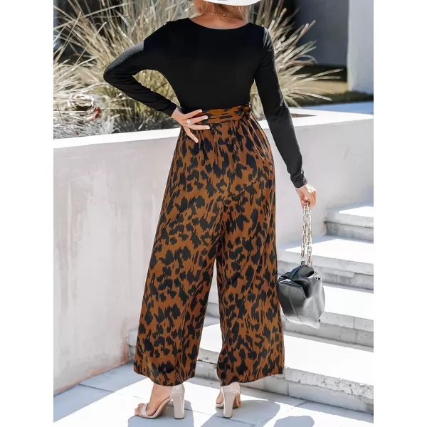 imageCUPSHE Womens V Neck Long Sleeve SelfTie Belted Long Jumpsuit Overalls Abstract Print Casual JumpsuitOrange Leopard