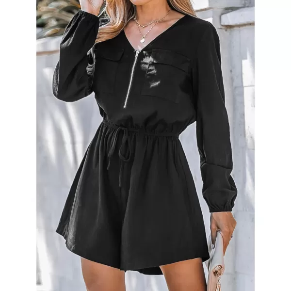 imageCUPSHE Womens V Neck Long Sleeve Zip Drawstring Wasit Mini Romper Overalls Solid Casual Pockets Short JumpsuitBlack
