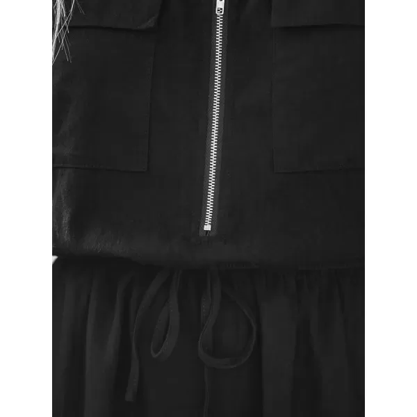 imageCUPSHE Womens V Neck Long Sleeve Zip Drawstring Wasit Mini Romper Overalls Solid Casual Pockets Short JumpsuitBlack