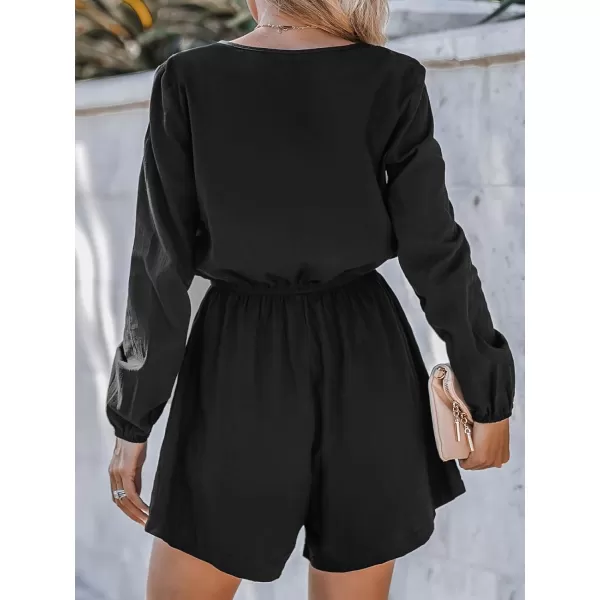 imageCUPSHE Womens V Neck Long Sleeve Zip Drawstring Wasit Mini Romper Overalls Solid Casual Pockets Short JumpsuitBlack