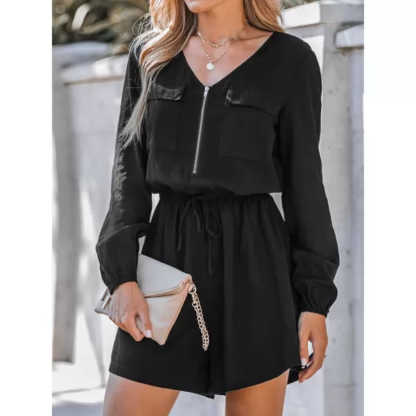 imageCUPSHE Womens V Neck Long Sleeve Zip Drawstring Wasit Mini Romper Overalls Solid Casual Pockets Short JumpsuitBlack