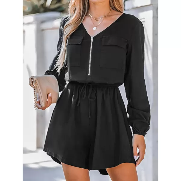 imageCUPSHE Womens V Neck Long Sleeve Zip Drawstring Wasit Mini Romper Overalls Solid Casual Pockets Short JumpsuitBlack