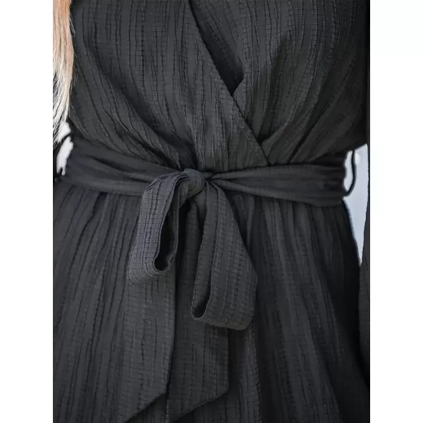 imageCUPSHE Womens V Neck Long Sleeveless Pleated Belted Jogger Maxi Romper Overalls Black Casual Long Jumpsuit with PocketsBlack