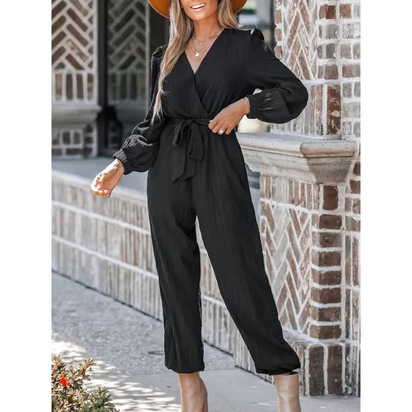 imageCUPSHE Womens V Neck Long Sleeveless Pleated Belted Jogger Maxi Romper Overalls Black Casual Long Jumpsuit with PocketsBlack