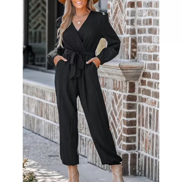 imageCUPSHE Womens V Neck Long Sleeveless Pleated Belted Jogger Maxi Romper Overalls Black Casual Long Jumpsuit with PocketsBlack