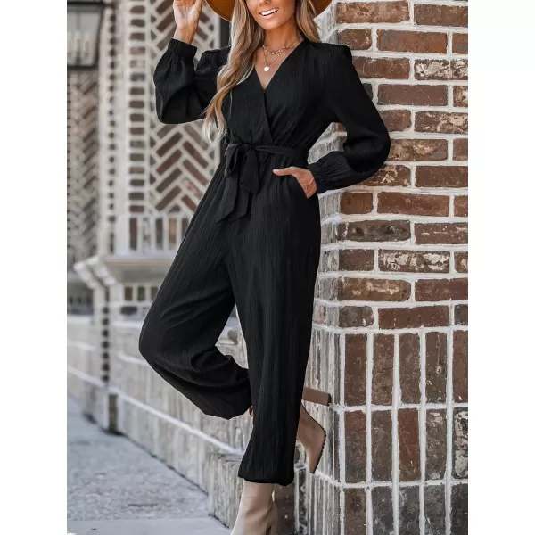 imageCUPSHE Womens V Neck Long Sleeveless Pleated Belted Jogger Maxi Romper Overalls Black Casual Long Jumpsuit with PocketsBlack