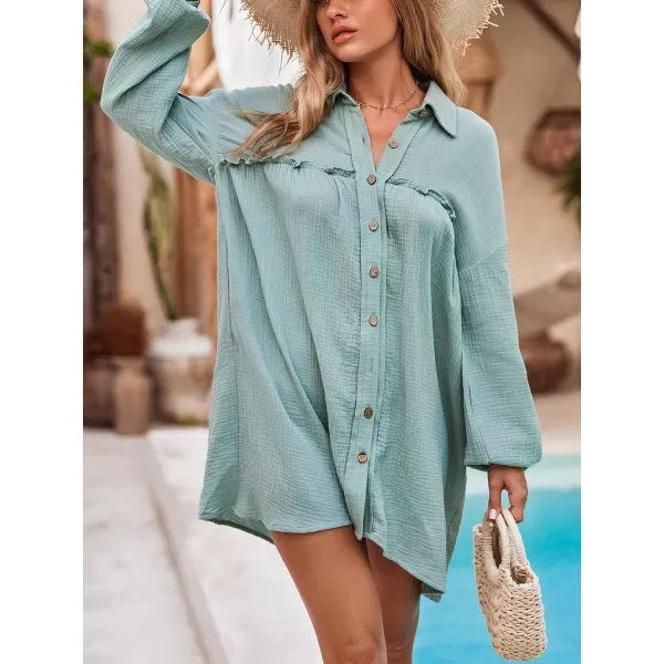imageCUPSHE Womens V Neck Long Sleeves A Line Button Mini Shirt Dress SolidMint