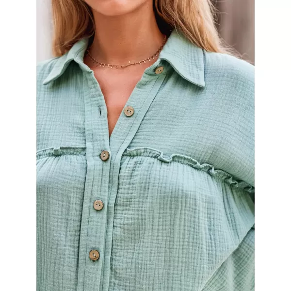 imageCUPSHE Womens V Neck Long Sleeves A Line Button Mini Shirt Dress SolidMint