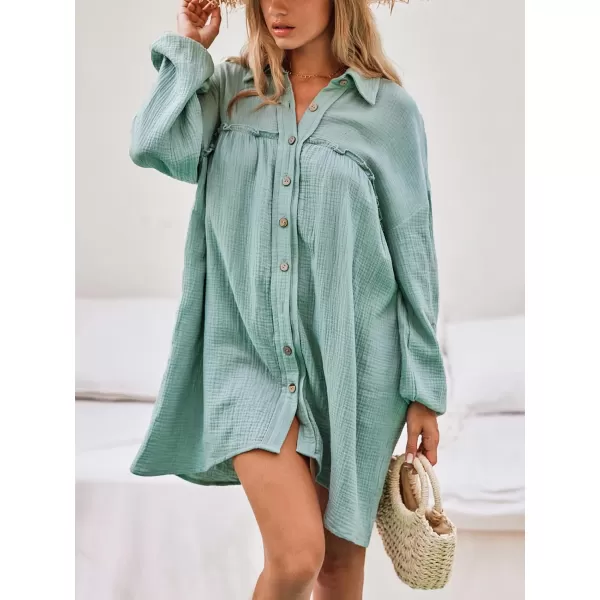 imageCUPSHE Womens V Neck Long Sleeves A Line Button Mini Shirt Dress SolidMint