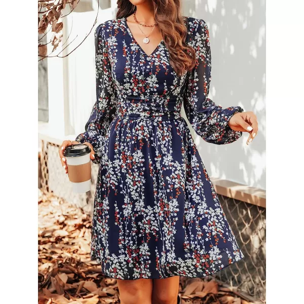 imageCUPSHE Womens V Neck Mini Dress Floral Print Vintage Long Sleeves Fall Short DressMulticoloured