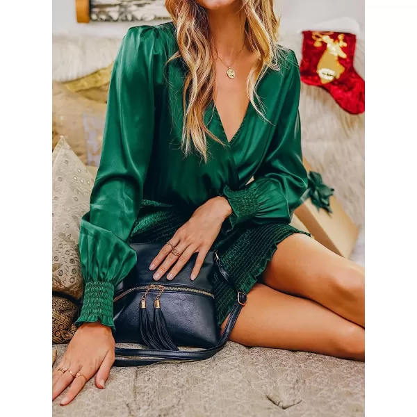 imageCUPSHE Womens V Neck Mini Dress Satin Emerald Smocked Long Sleeves Bodycon Dress for PartyGreen