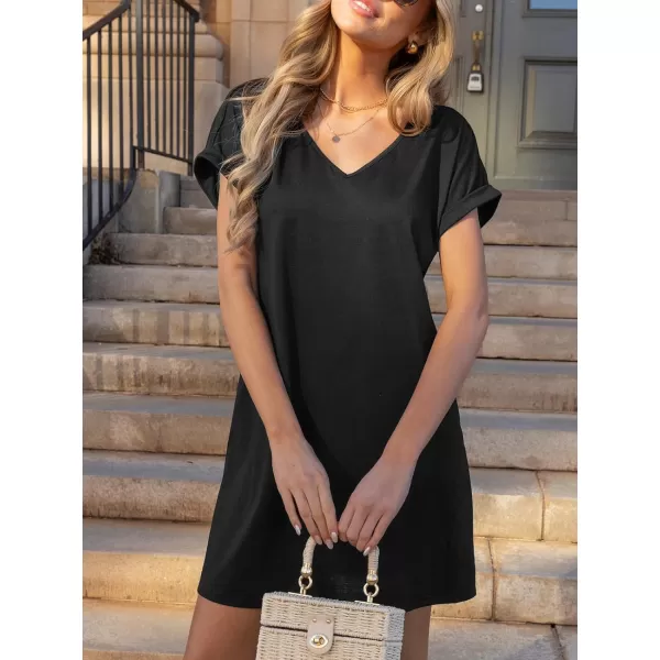 imageCUPSHE Womens V Neck Mini Dress Short Sleeve Loose Fit A Line Jersey Short Casual Summer DressBlack