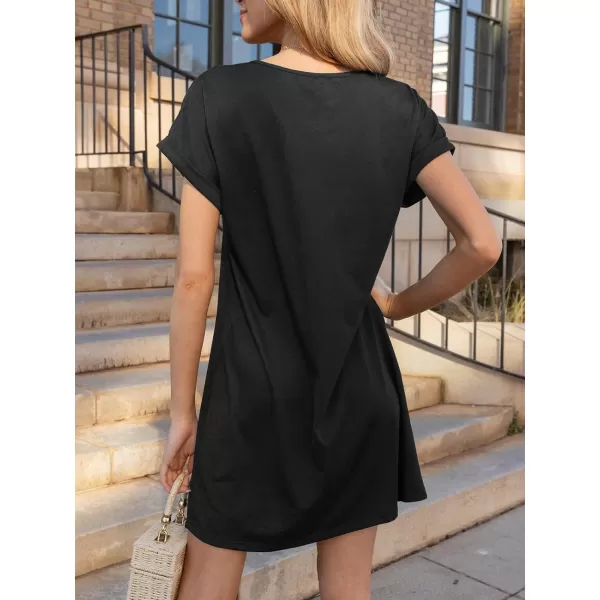 imageCUPSHE Womens V Neck Mini Dress Short Sleeve Loose Fit A Line Jersey Short Casual Summer DressBlack