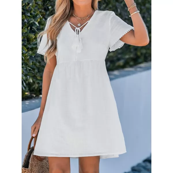 imageCUPSHE Womens V Neck Mini Dress Tassel Tie Pom Pom Short Sleeve Summer Dress A Line DressWhite