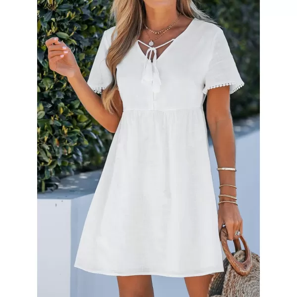 imageCUPSHE Womens V Neck Mini Dress Tassel Tie Pom Pom Short Sleeve Summer Dress A Line DressWhite