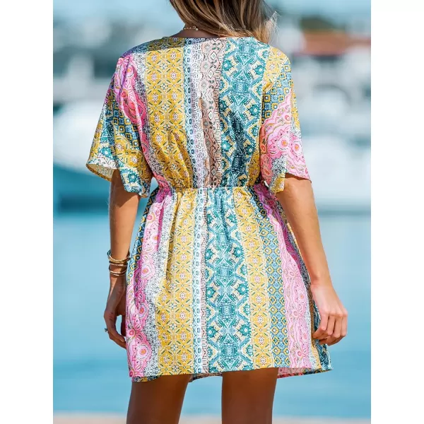 imageCUPSHE Womens V Neck Multicolor Paisley Print Short Dress A Line Short Sleeveless Mini DressYellowBlue