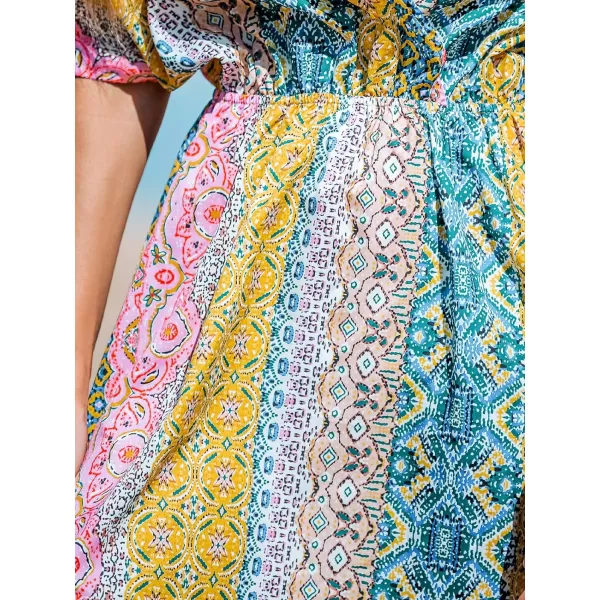 imageCUPSHE Womens V Neck Multicolor Paisley Print Short Dress A Line Short Sleeveless Mini DressYellowBlue