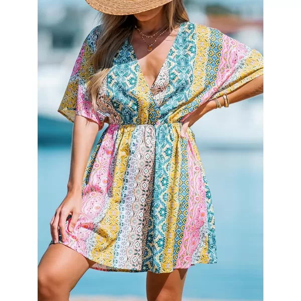 imageCUPSHE Womens V Neck Multicolor Paisley Print Short Dress A Line Short Sleeveless Mini DressYellowBlue