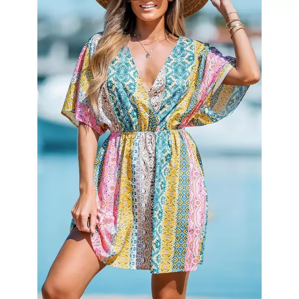 imageCUPSHE Womens V Neck Multicolor Paisley Print Short Dress A Line Short Sleeveless Mini DressYellowBlue