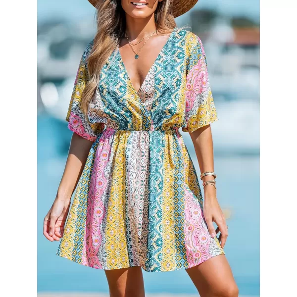imageCUPSHE Womens V Neck Multicolor Paisley Print Short Dress A Line Short Sleeveless Mini DressYellowBlue