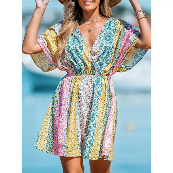 imageCUPSHE Womens V Neck Multicolor Paisley Print Short Dress A Line Short Sleeveless Mini DressYellowBlue