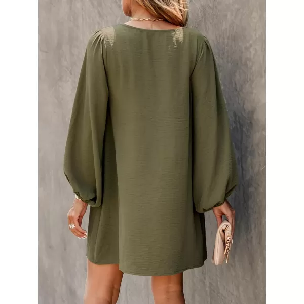 imageCUPSHE Womens V Neck Olive Green Long Sleeve Loose Fit Mini Dress Casual A Line Woven Short DressOlive Green