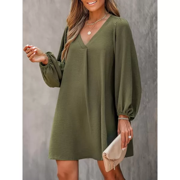 imageCUPSHE Womens V Neck Olive Green Long Sleeve Loose Fit Mini Dress Casual A Line Woven Short DressOlive Green