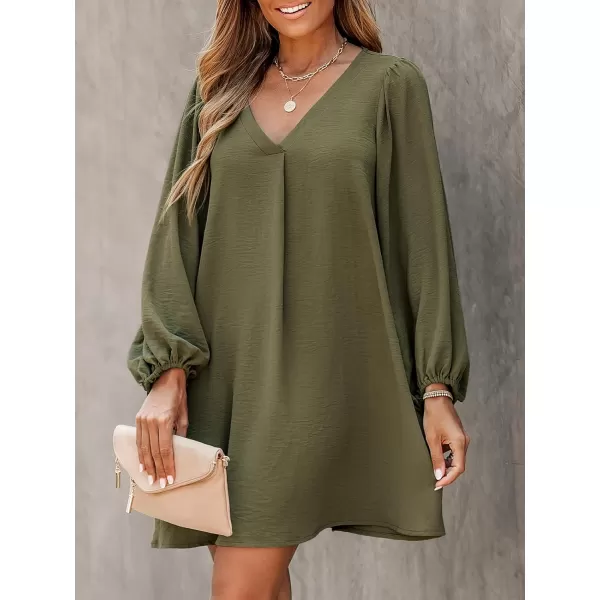 imageCUPSHE Womens V Neck Olive Green Long Sleeve Loose Fit Mini Dress Casual A Line Woven Short DressOlive Green