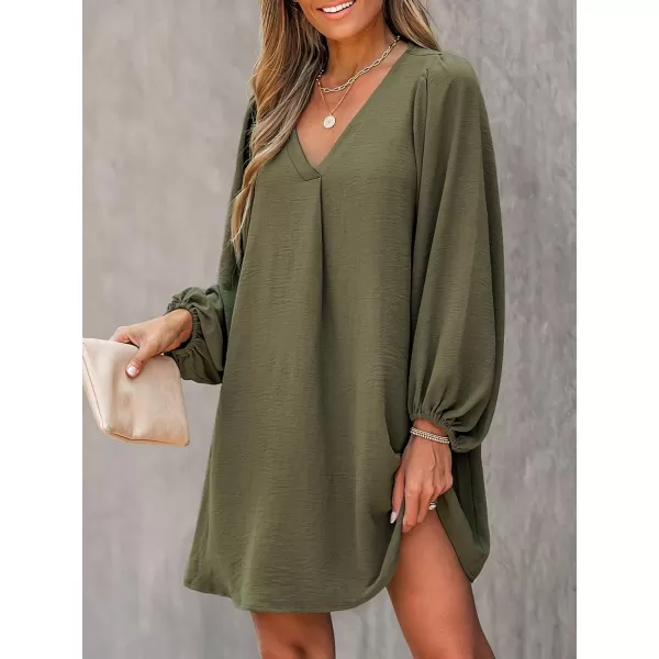 imageCUPSHE Womens V Neck Olive Green Long Sleeve Loose Fit Mini Dress Casual A Line Woven Short DressOlive Green