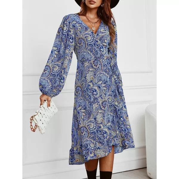 imageCUPSHE Womens V Neck Paisley Midi Length Dresses Flounce Long Sleeves Dress with BeltMulticolor