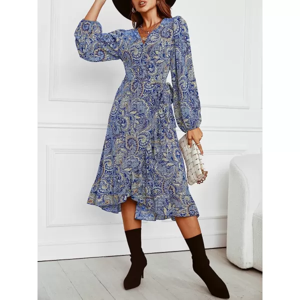 imageCUPSHE Womens V Neck Paisley Midi Length Dresses Flounce Long Sleeves Dress with BeltMulticolor