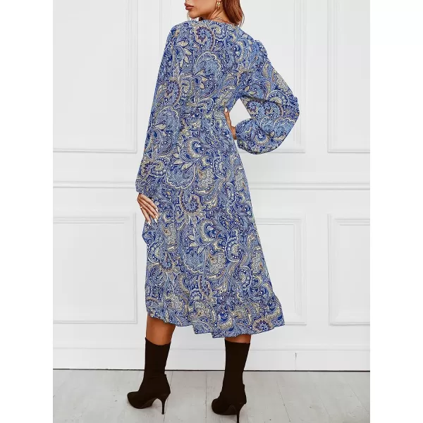imageCUPSHE Womens V Neck Paisley Midi Length Dresses Flounce Long Sleeves Dress with BeltMulticolor