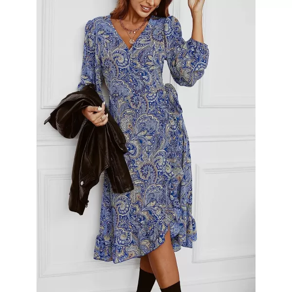 imageCUPSHE Womens V Neck Paisley Midi Length Dresses Flounce Long Sleeves Dress with BeltMulticolor