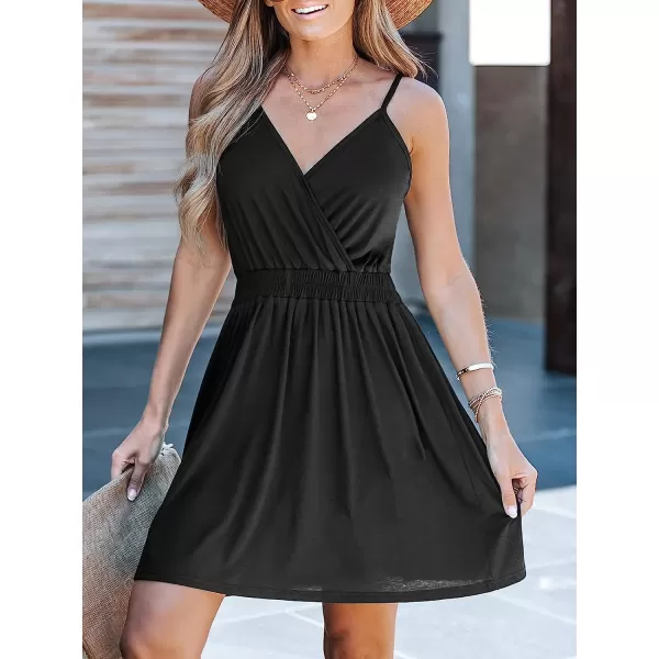 imageCUPSHE Womens V Neck Pleated Sleeveless Mini Dress A Line Black Dress Short Cami DressBlack