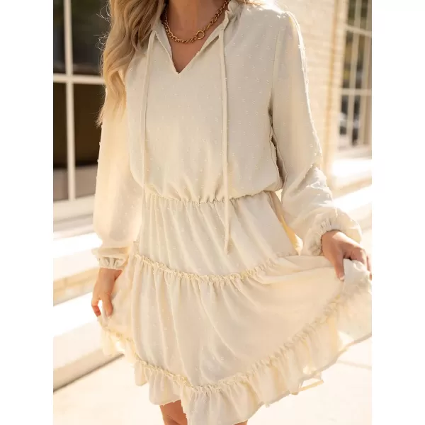 imageCUPSHE Womens V Neck Pom Pom Long Sleeve Ruffled Drawstring A Line Mini Dress GreenBeige