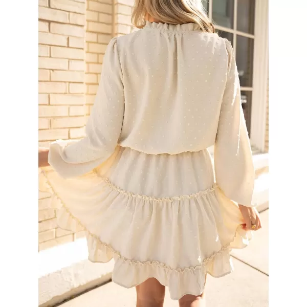 imageCUPSHE Womens V Neck Pom Pom Long Sleeve Ruffled Drawstring A Line Mini Dress GreenBeige