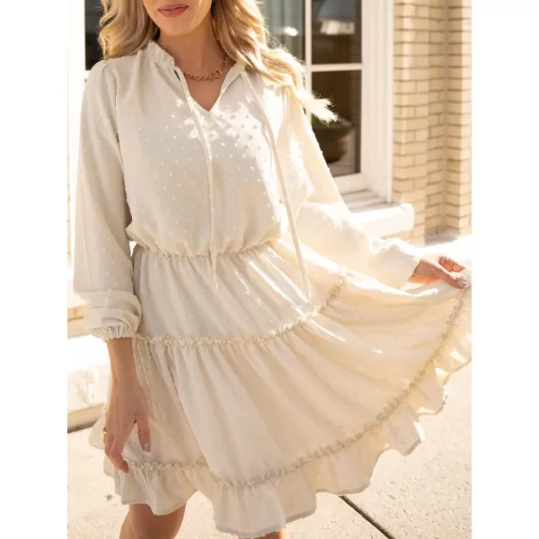 imageCUPSHE Womens V Neck Pom Pom Long Sleeve Ruffled Drawstring A Line Mini Dress GreenBeige
