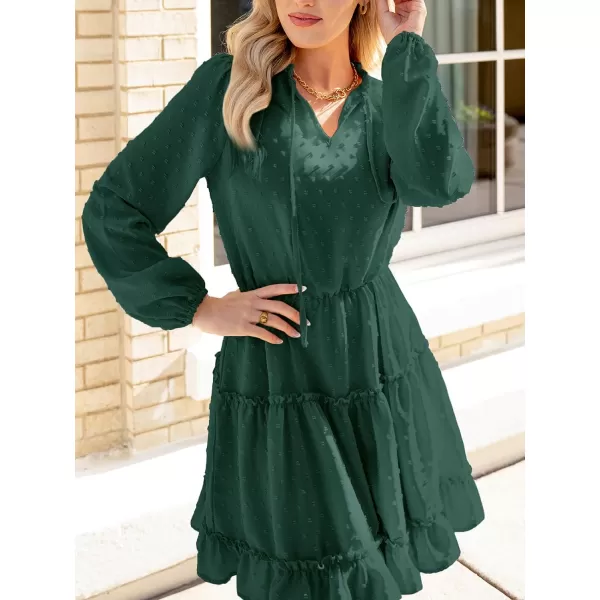 imageCUPSHE Womens V Neck Pom Pom Long Sleeve Ruffled Drawstring A Line Mini Dress GreenGreen