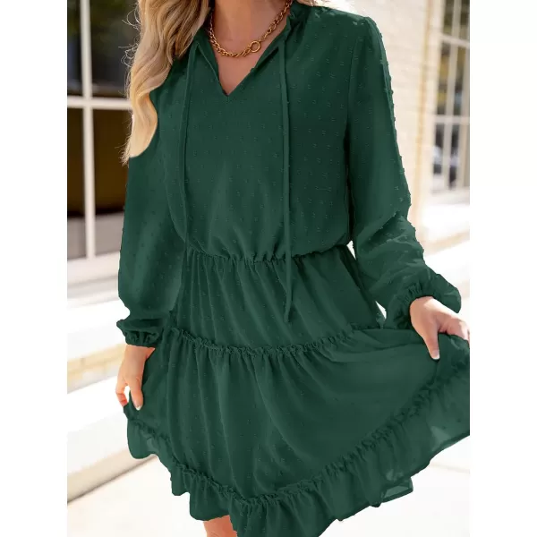 imageCUPSHE Womens V Neck Pom Pom Long Sleeve Ruffled Drawstring A Line Mini Dress GreenGreen