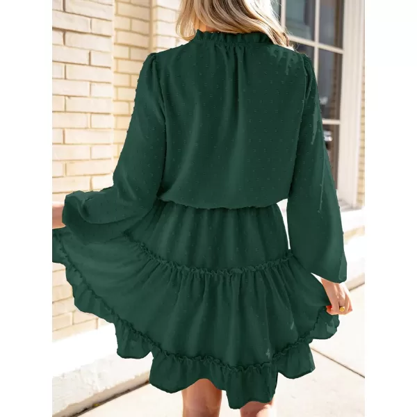 imageCUPSHE Womens V Neck Pom Pom Long Sleeve Ruffled Drawstring A Line Mini Dress GreenGreen