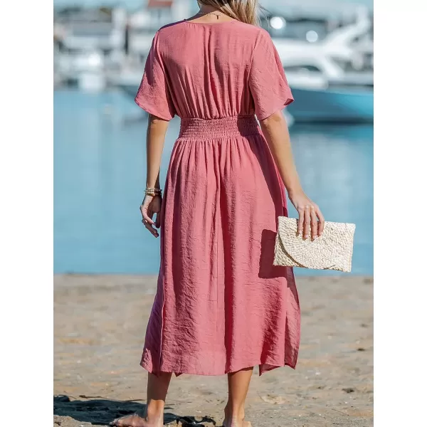 imageCUPSHE Womens V Neck Ruched Bathing Suit Cover Up Smocking Waisted Slit Summer Beach Dress CoversPink