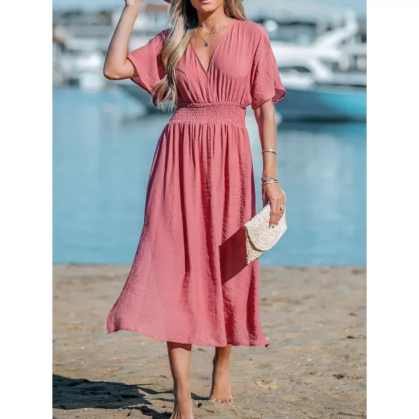 imageCUPSHE Womens V Neck Ruched Bathing Suit Cover Up Smocking Waisted Slit Summer Beach Dress CoversPink