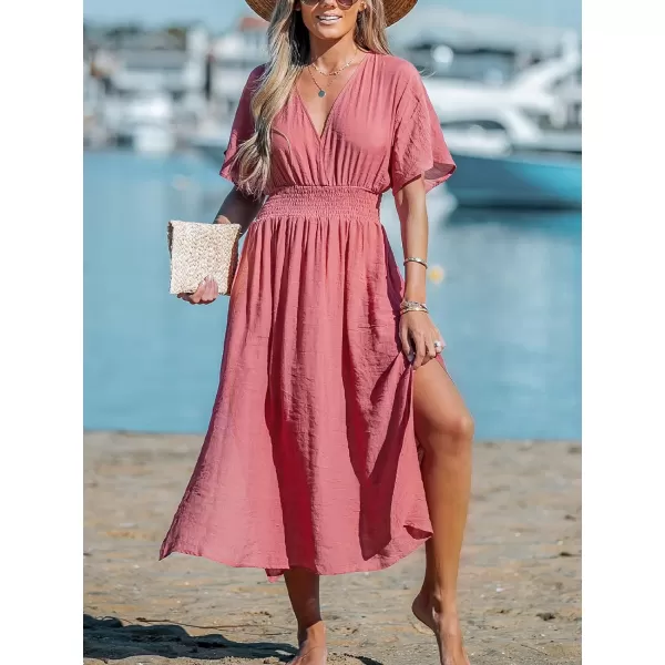imageCUPSHE Womens V Neck Ruched Bathing Suit Cover Up Smocking Waisted Slit Summer Beach Dress CoversPink