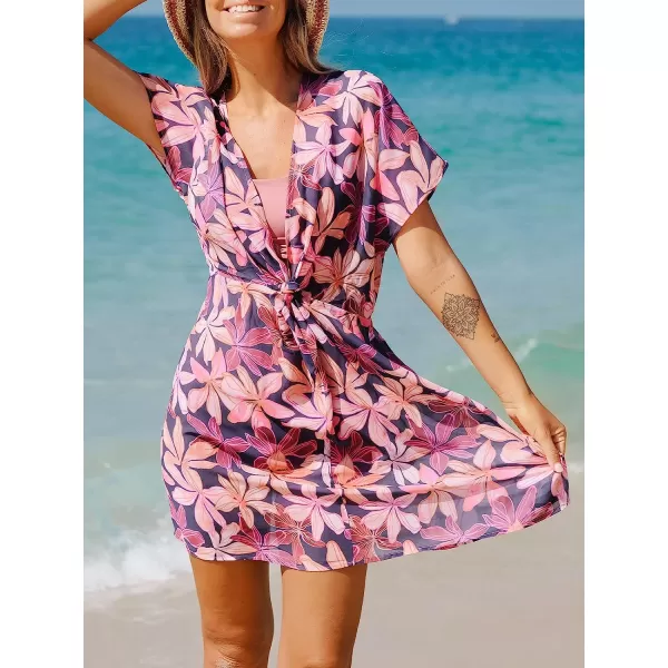 imageCUPSHE Womens V Neck Ruched Bathing Suit Cover Up Twist Front Swimsuit Beach Summer Dress with Short SleevesPurple