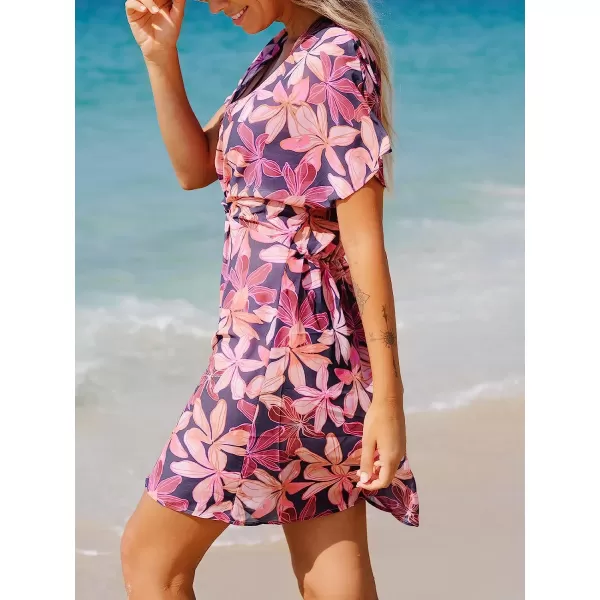 imageCUPSHE Womens V Neck Ruched Bathing Suit Cover Up Twist Front Swimsuit Beach Summer Dress with Short SleevesPurple