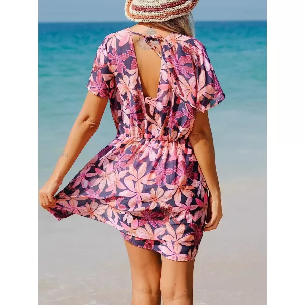 imageCUPSHE Womens V Neck Ruched Bathing Suit Cover Up Twist Front Swimsuit Beach Summer Dress with Short SleevesPurple