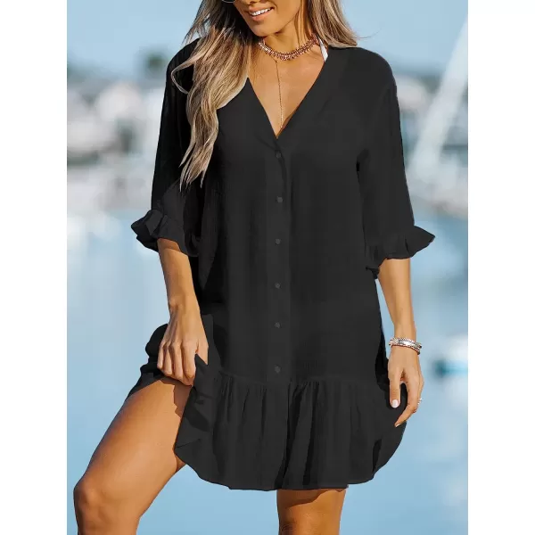 imageCUPSHE Womens V Neck Ruffled Cover Up Button Down Bathing Suit Beach Dress with Short SleevesBlack